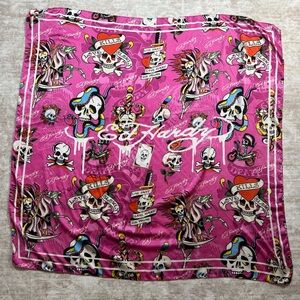 Ed Hardy Pink Skull Snake Tattoo Print Satin Scarf Wrap Y2K 43x43